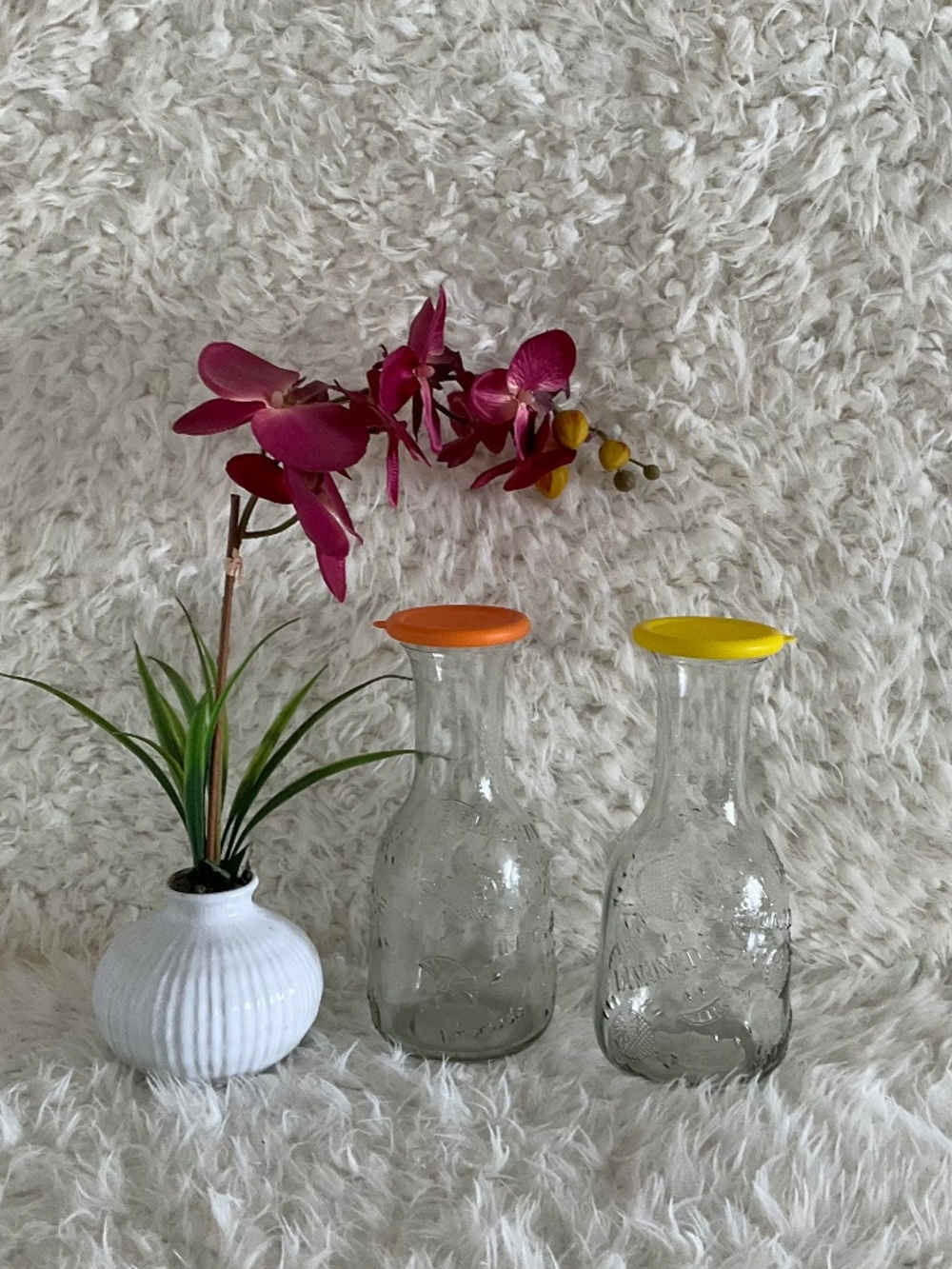 VINTAGE EMBOSSED GLASS DRINKING CARAFE PITCHERS~SET OF TWO!